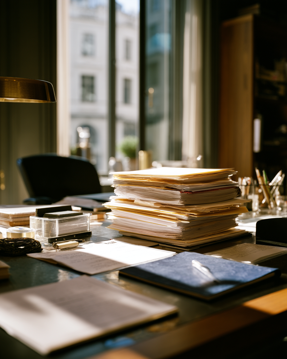 Editorial desk with legal documents in warm light